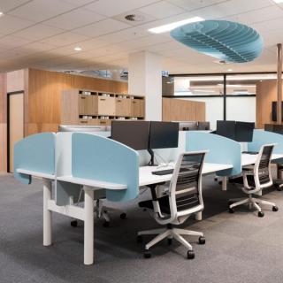 Blue desk divider with a blue acoustic panel hanging from ceiling