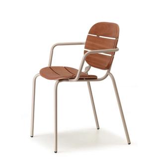 Wooden chair with gray arm rests and legs
