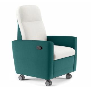 Recliner with white cushions and teal base in standard position