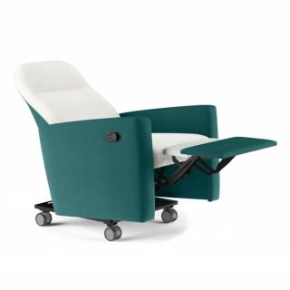 Recliner with white cushions and teal base with ottoman out and reclined
