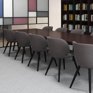 Plum chairs with black legs sitting around conference table