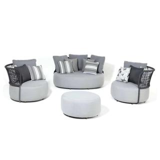 Gray and white lounge chairs with gray ottoman