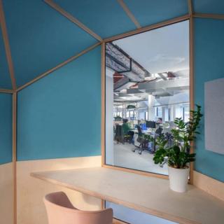 Teal acoustic panels with wood trim and mirror