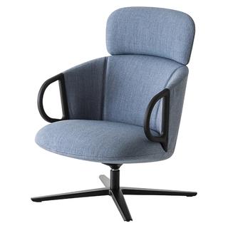Blue armchair with black arm rests and base