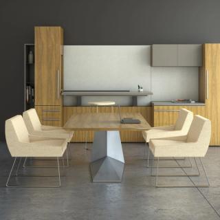 Light brown cabinetry with beige seating and table in open area