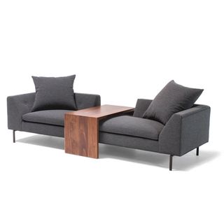 Fratelli sofa in gray with wooden table that goes over it in middle