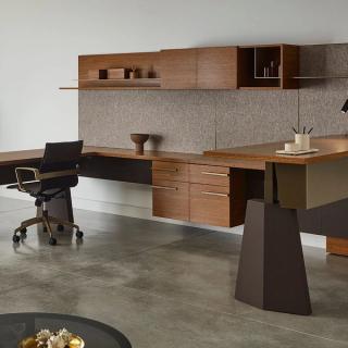 Brown cabinetry in office setting