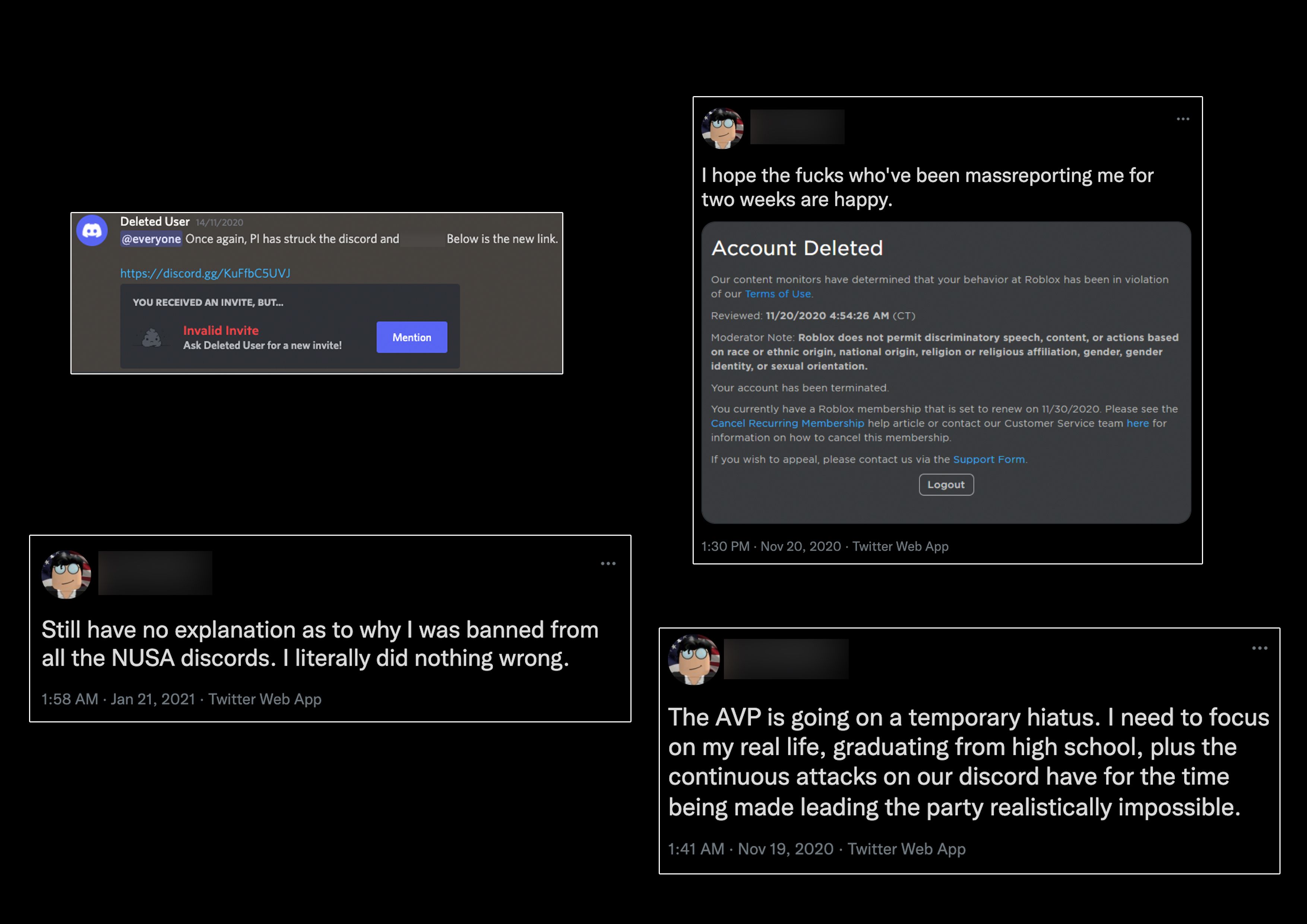 A series of tweets from the Valkist Party leader discussing the banning’s and the party going on hiatus along with a Discord message saying Patriot Imperium has struck the server and the leader