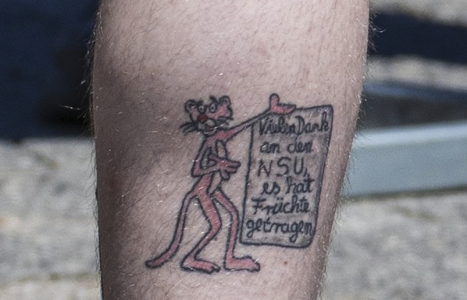 Pink Panther tattoo on Neo Nazi, photo taken during far-right rally in Germany by Nico Kuhn (2020)