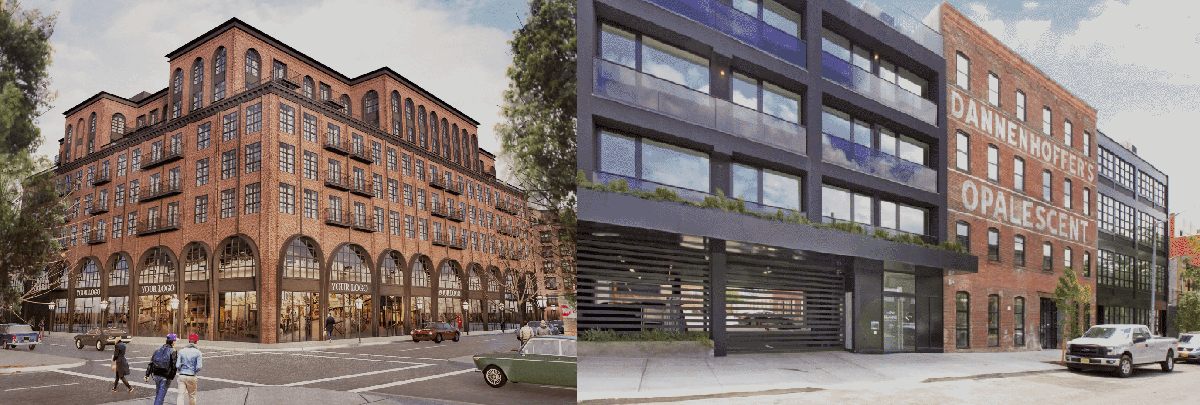 Left: Proposal for new development in Williamsburg, Brooklyn. Right: Glassworks, 336 Himrod Street, Bushwick, Brooklyn