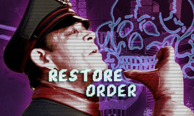 A colour shifted picture of Hermann Göring with the caption ‘Restore Order’. A Totenkopf, the symbol of the SS, is in the background.
