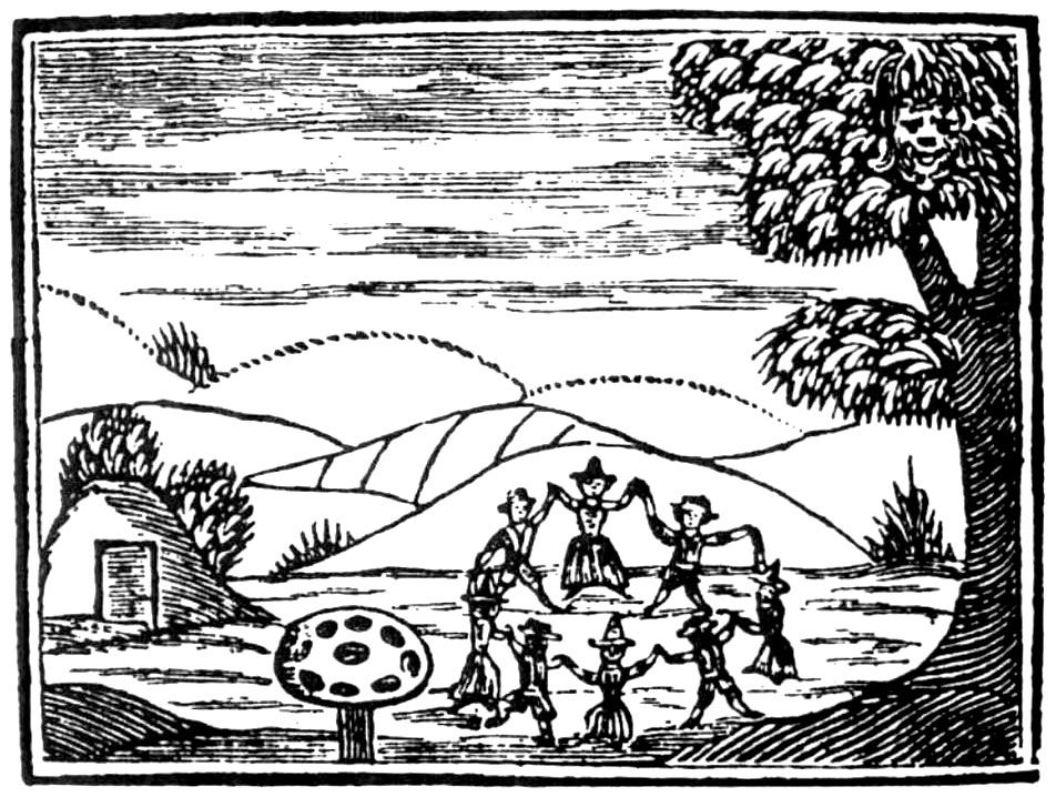 Woodcut of fairies/witches dancing in a circle by a mushroom, 17th century