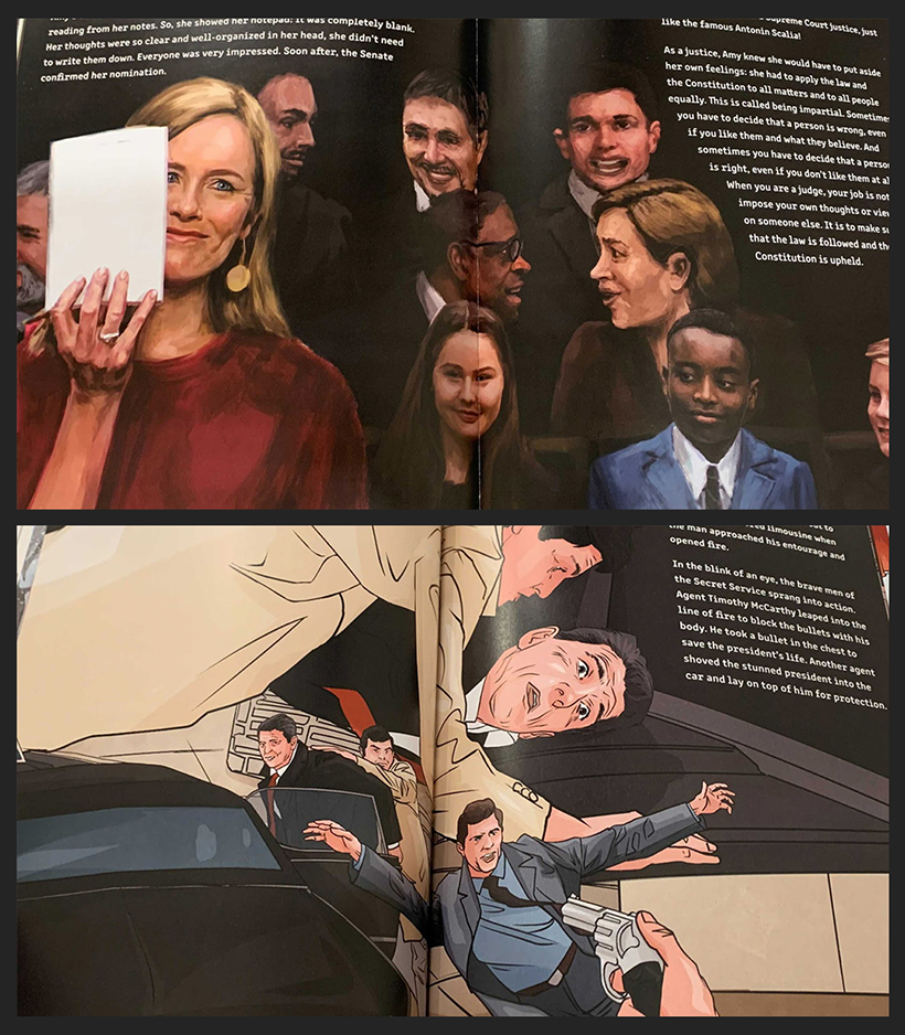1. A spread from their Amy Coney Barrett Biography. | 2. A bizarre assassination attempt spread in their biography of Ronald Reagan. 