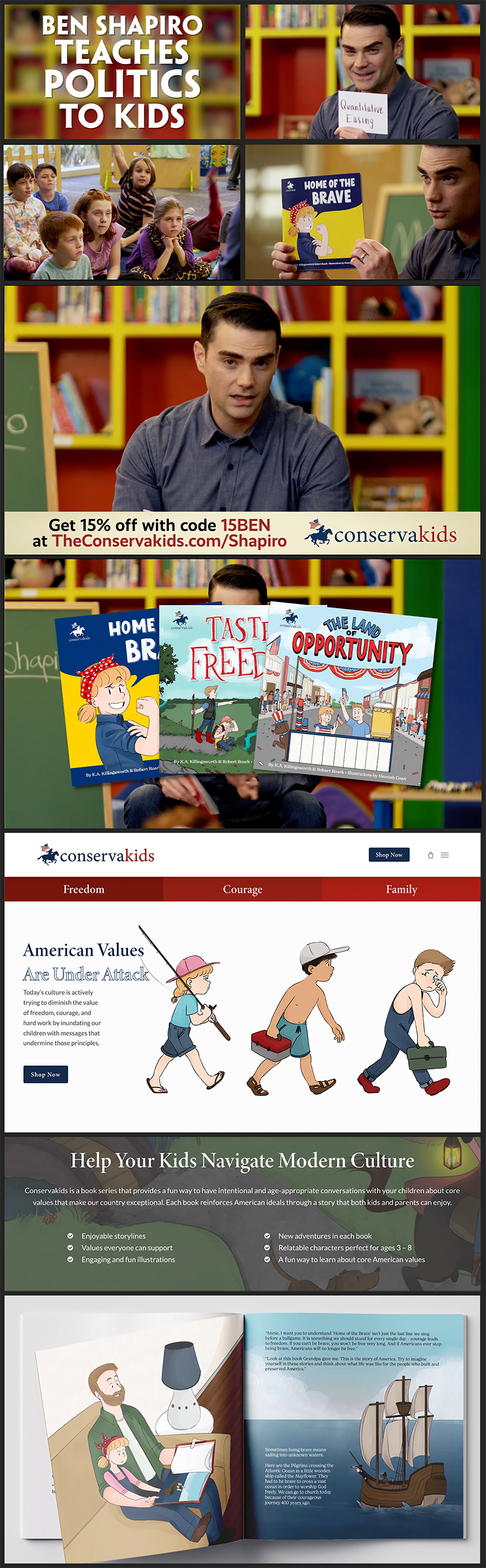 Stills from Ben Shapiro Explains Politics to Kids & theconservakids.com | A spread from Home of the Brave – the story itself is of a parent using a book to teach their kid their values.



