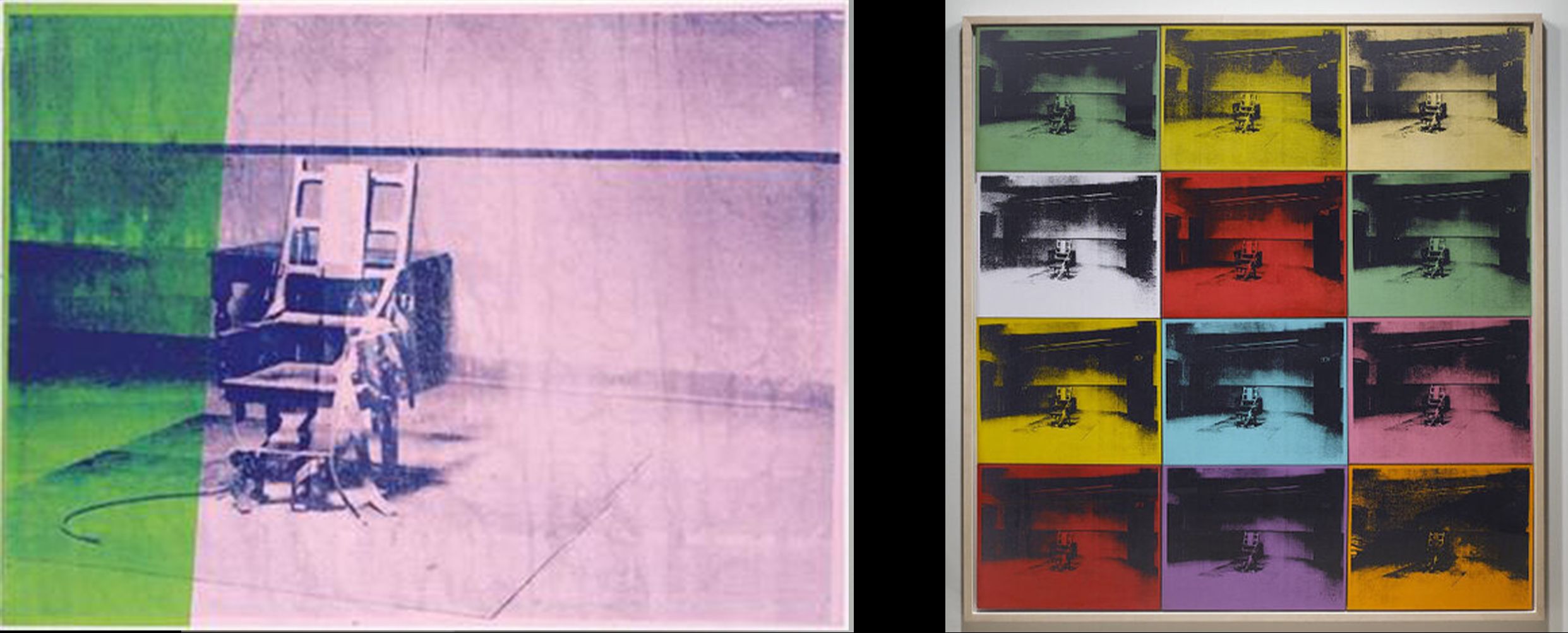 “Death and Disaster” series by Andy Warhol — “Big Electric Chair” 1967 (54 in × 73.0 in) and “Twelve Electric Chairs” 1964, 88 1/2 x 84 1/4 inches. Both: Synthetic polymer paint and silkscreen ink on canvas