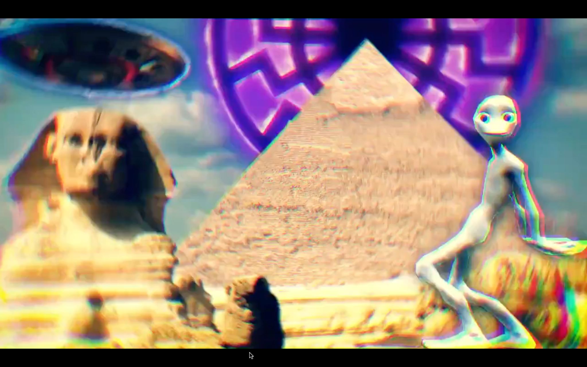 A dancing alien next to the Sphinx. At the back, a pyramid surrounded by the Nazi sonnenrand symbol and a UFO.