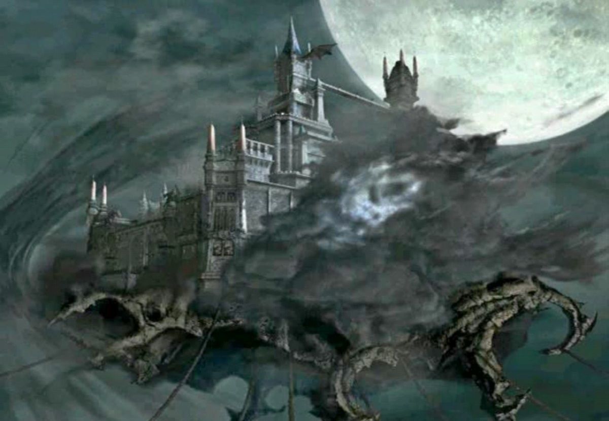 Figure 1: A floating castle at the end of all days — locus of power for the game’s antagonist.