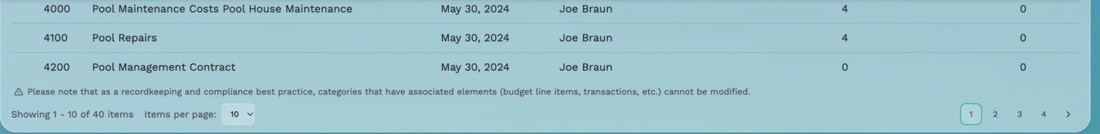 Solume accounting categories showing linked-item counts and the cannot-modify restriction