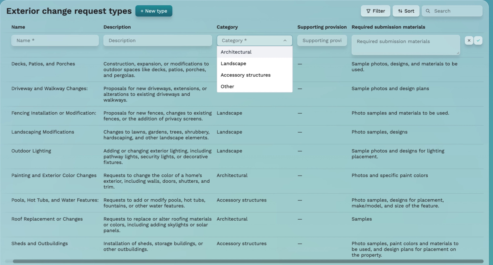 Solume exterior change request type form with Architectural, Landscape, Accessory structures, and Other categories