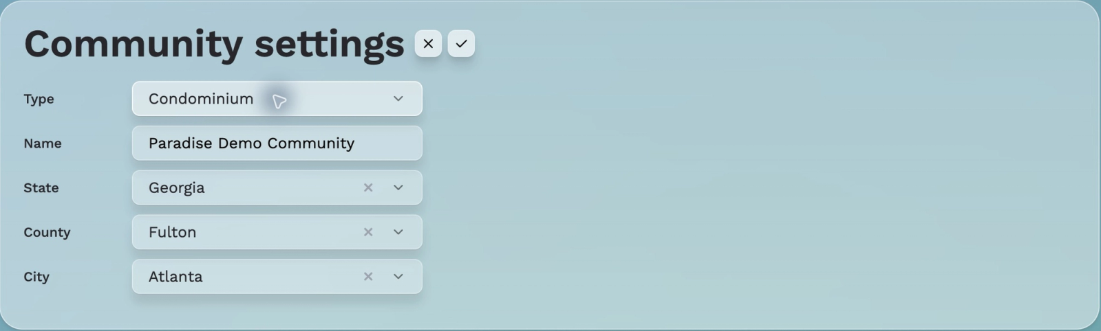 Solume Community Settings identity form showing Type, Name, State, County, and City
