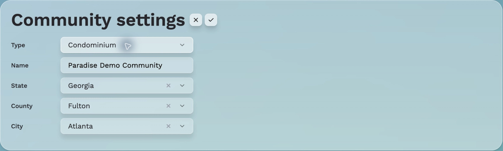 Solume Community Settings identity form showing Type, Name, State, County, and City