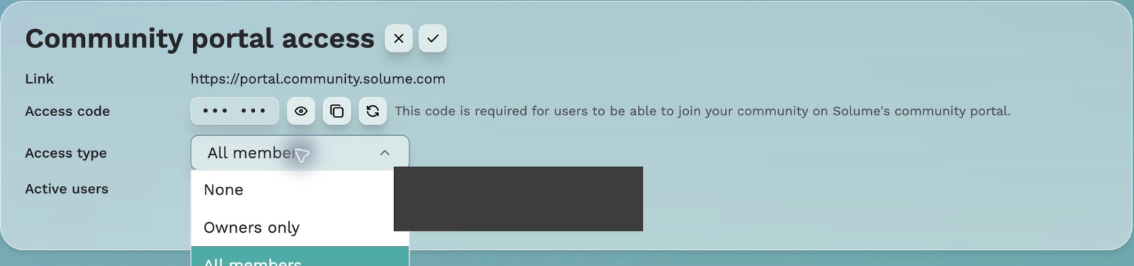 Solume Community portal access settings showing None, Owners only, and selected All members access