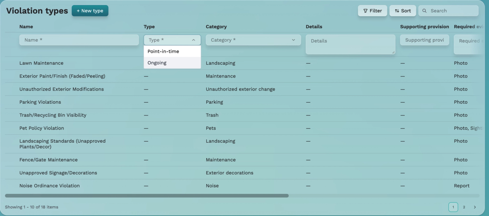 Solume violation type form showing Point-in-time and Ongoing options