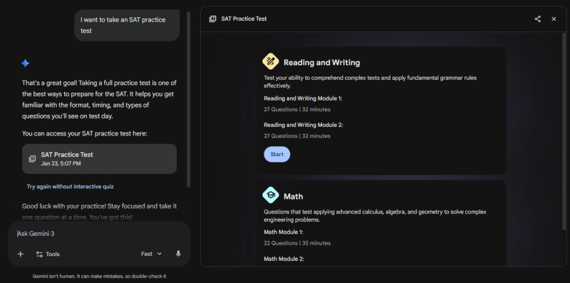 A screenshot of the Google Gemini AI interface demonstrating its interactive SAT practice test feature. The image shows a user request and Gemini's response, launching a detailed test card with Reading, Writing, and Math modules directly within the chat window.