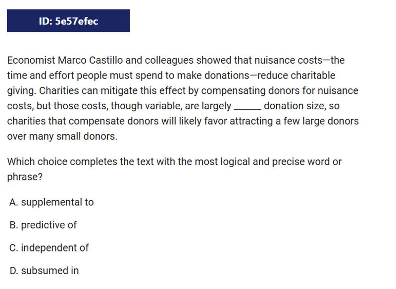 A reading comprehension question that discusses economist Marco Castillo's findings on how nuisance costs affect charitable giving. The text explains that charities can offset these costs but tend to prefer large donors due to cost efficiency. The question asks which word or phrase best completes the sentence: “those costs, though variable, are largely _____ donation size,” with options: A. supplemental to, B. predictive of, C. independent of, D. subsumed in