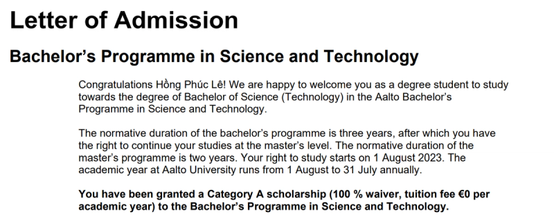 An admission letter from Aalto University, offering acceptance into the Bachelor's Programme in Science and Technology. The letter includes details about the program, start date, and a Category A scholarship covering 100% of tuition fees.