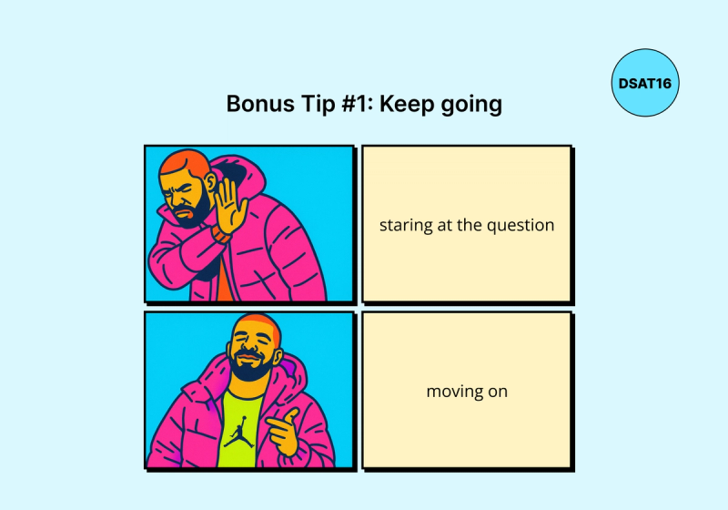 Bonus Tip #1: Keep Going Image using the Drake meme format to illustrate a test-taking tip. Drake rejects "staring at the question" and approves of "moving on."