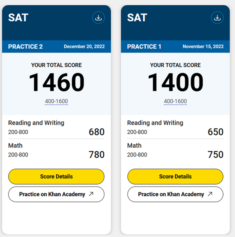 Two SAT practice score reports side by side showing score improvement. Practice 1 from November 15, 2022 displays a total score of 1400 (650 Reading and Writing, 750 Math). Practice 2 from December 20, 2022 shows a total score of 1460 (680 Reading and Writing, 780 Math), demonstrating a 60-point increase after studying SAT inference questions and Information and Ideas strategies.