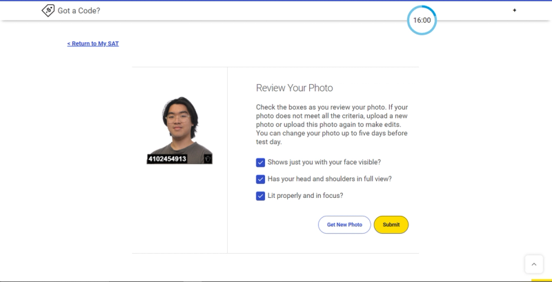 The user has selected their test date, test center, and accommodations. The user is now reviewing their photo and can upload a new photo if needed. The user can also continue to the next step of the registration process. The page has a "Back" button to go back to the previous step.