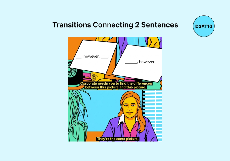 An educational meme based on a scene from "The Office" titled "Transitions Connecting 2 Sentences." The top panel shows Pam Beesly holding two pieces of paper; one says "___, however, ." and the other says ", however." Text below reads, "Corporate needs you to find the differences between this picture and this picture." The bottom panel shows Pam saying, "They’re the same picture," illustrating that both punctuation styles function identically for connecting contrasting ideas in SAT grammar.