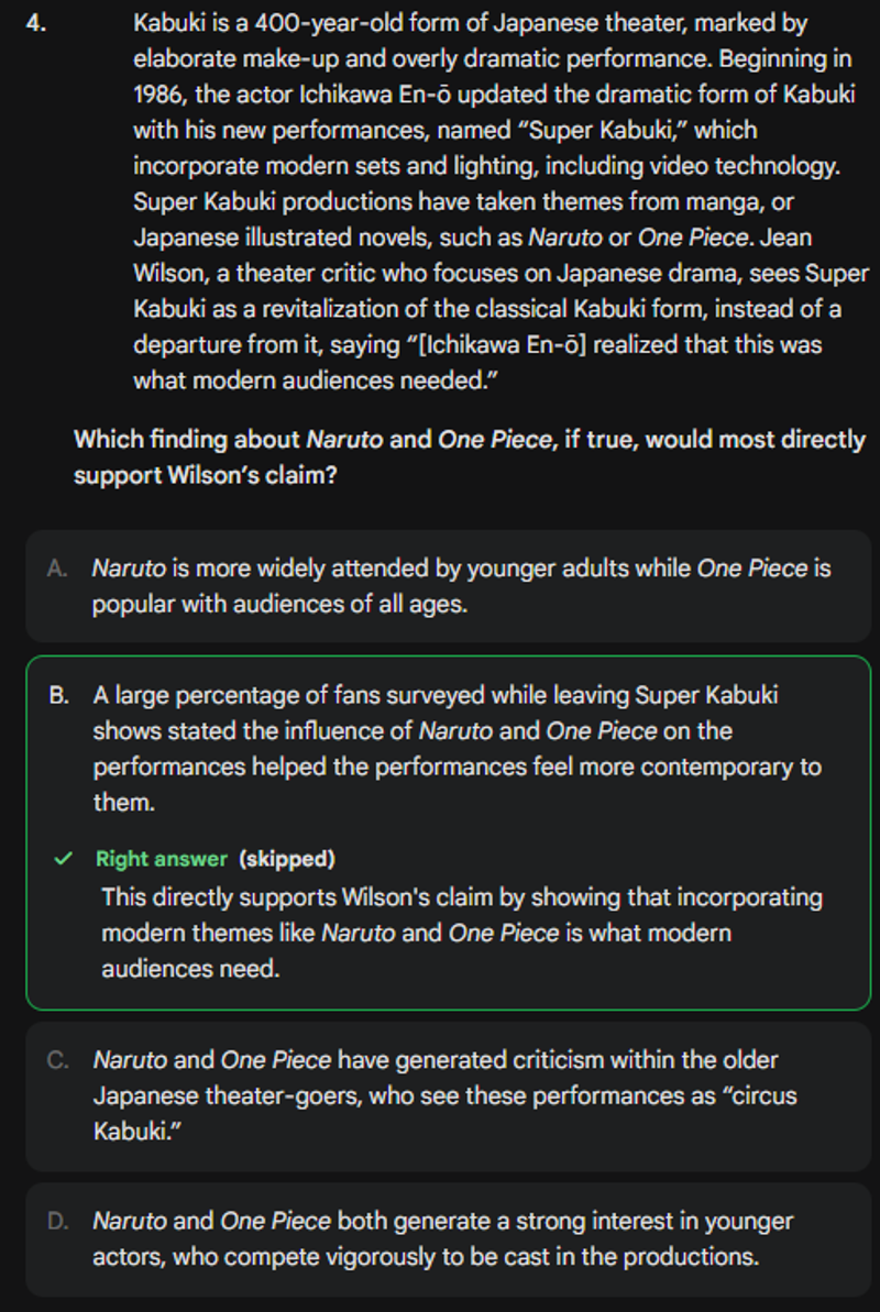 A screenshot of a digital reading comprehension test question about "Super Kabuki," a modernized form of Japanese theater. The text discusses how actor Ichikawa En-ō incorporated manga like Naruto and One Piece into performances. The question asks which finding would best support critic Jean Wilson's claim that this revitalization is what modern audiences need. Option B is highlighted as the correct answer, stating that surveyed fans felt the manga influence made the performances feel more contemporary.