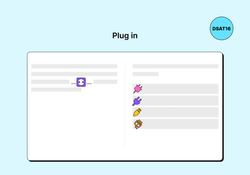 Using the "Plug In" Method Illustration showing how to use the "plug in" method for answering questions. A sentence with a blank (represented by a socket) is on the left, and multiple answer choices (represented by different colored plugs) are on the right, suggesting trying each choice in the blank.