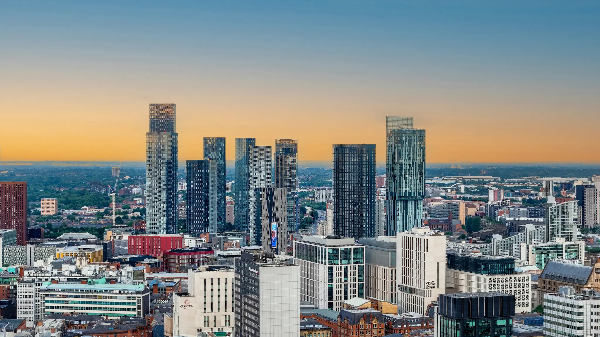 Manchester skyline at sunset