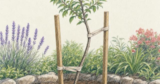 Young sapling held upright between two wooden stakes with cloth ties in a garden bed
