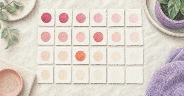 Grid of blank paper squares with watercolor dots fading from deep pink to faint across four rows