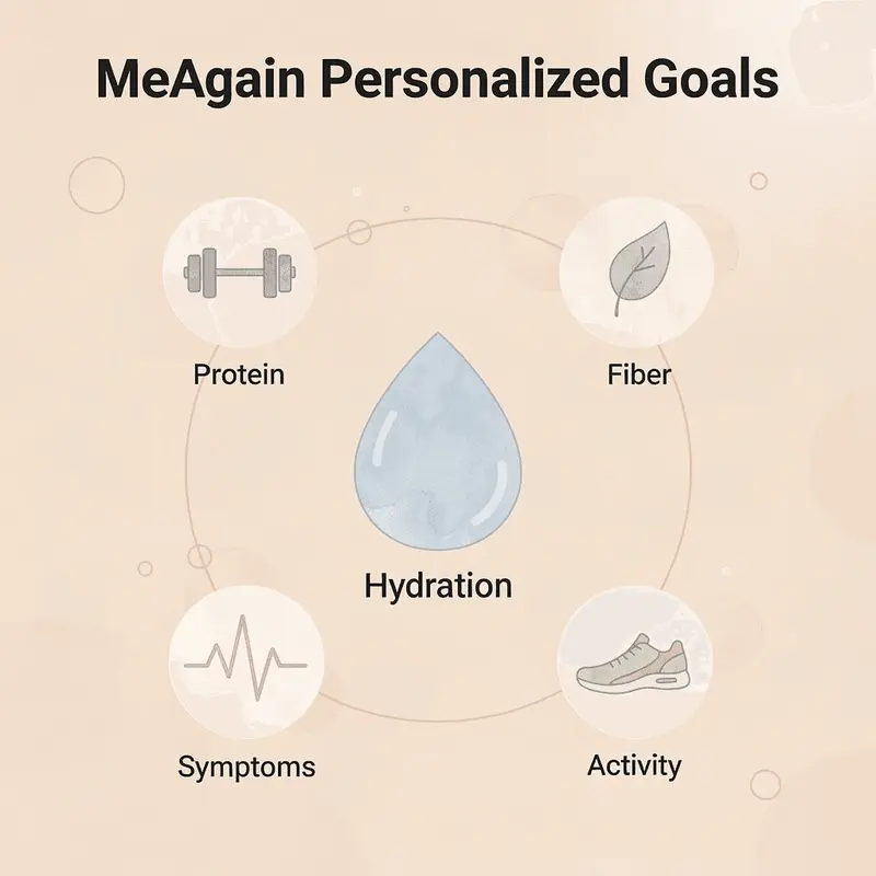 Hub and spoke diagram showing MeAgain's five personalized daily goals