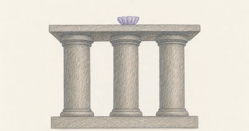 Hand-drawn sketch of three thick columns holding a platform with a small shape on top
