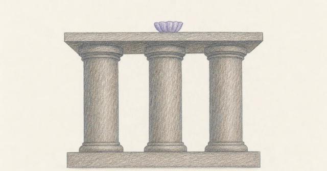 Hand-drawn sketch of three thick columns holding a platform with a small shape on top
