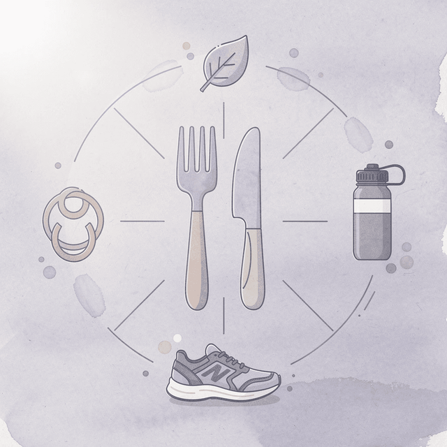Icon hub showing GLP-1 therapy connected to four supporting daily habits
