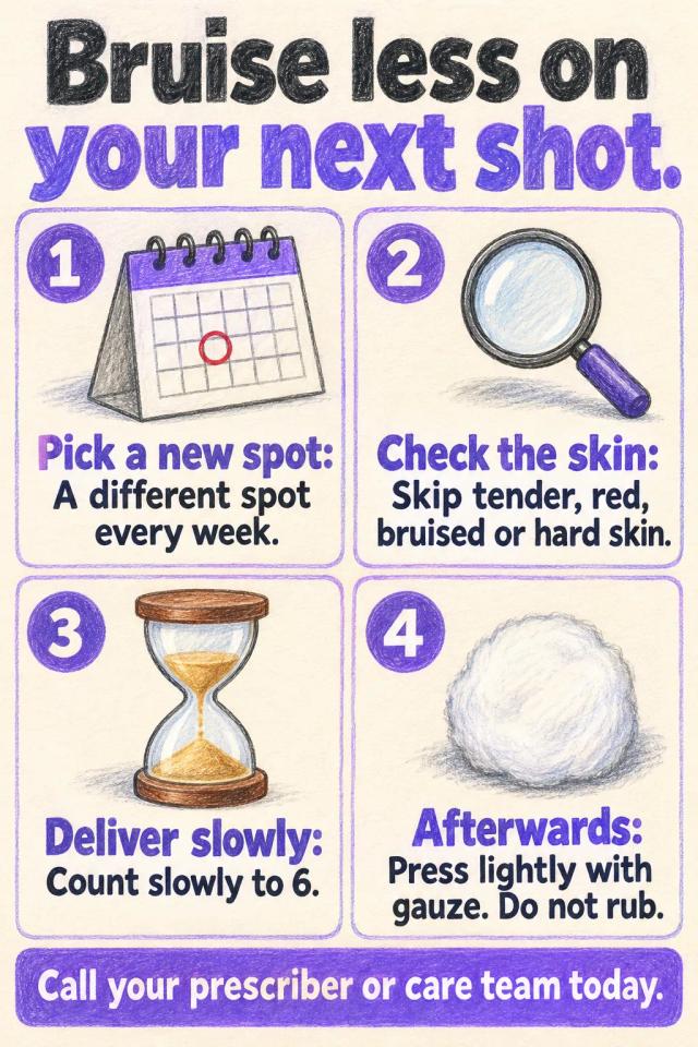 Four steps: a new spot each week, skip marked skin, count slowly to six, then press lightly without rubbing.