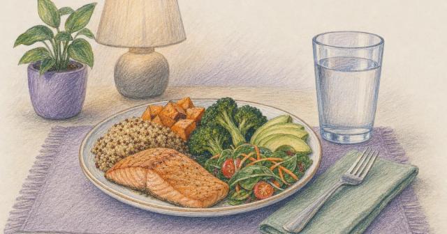 A hearty plate of food beside a full glass of water on a dinner table