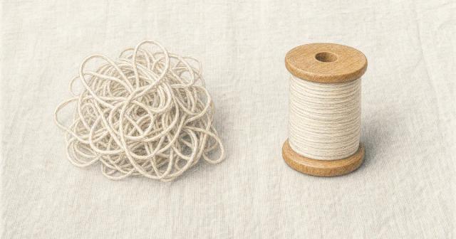 Tangled loose thread on the left, the same thread neatly wound on a spool on the right