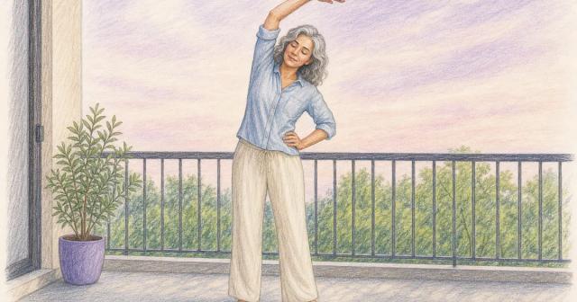 Woman doing a gentle overhead stretch on a sunny balcony