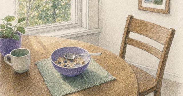 Half-eaten bowl of oatmeal on a dining table with the chair pushed back
