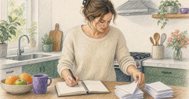 Person at a kitchen counter in morning light sorting papers and writing in a notebook