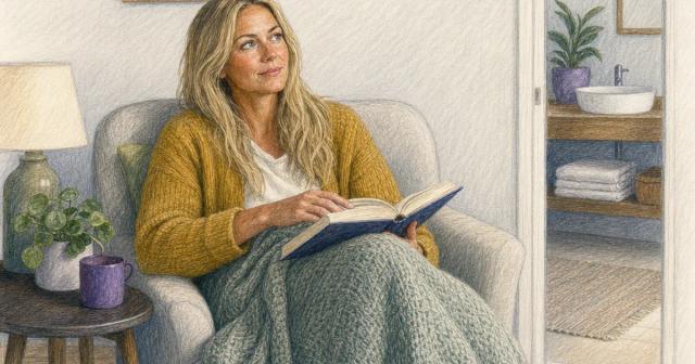 Woman under a blanket pausing mid-book, a spare bathroom shelf visible behind her